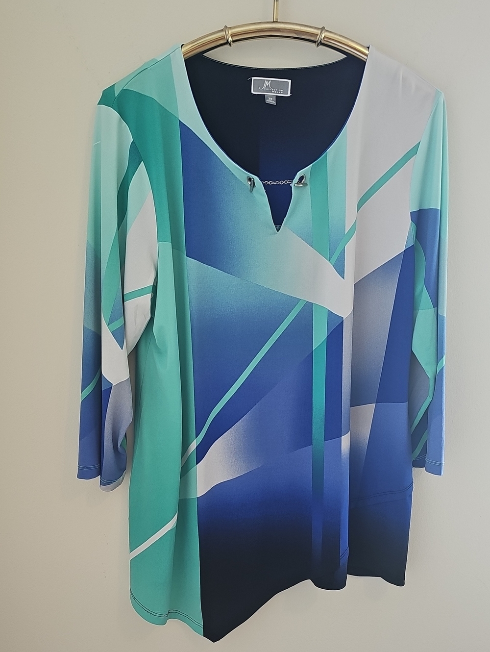 JM Collection Blue Teal Geometric V-Neck Tunic. Size 2X. Nice